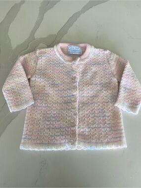 Vtg May Knit Striped Knit Button-Front Collared Cardigan Sweater 0-3M Pink